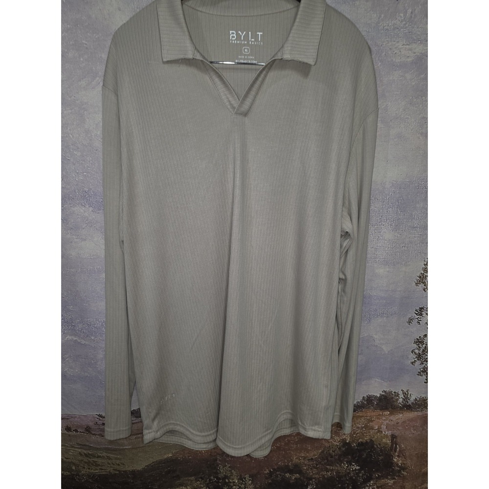 BYLT Premium Basics Ribbed Long Sleeve Open V Polo Shirt Grey Men's XL